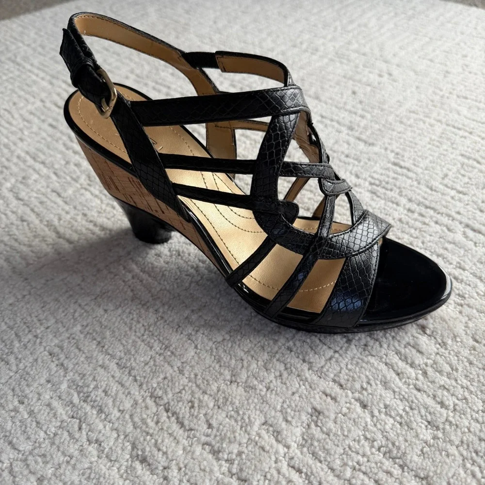 Tahari Petunia Black Snake Embossed Leather Cork Wedge Sandals Women 8.5 Strappy